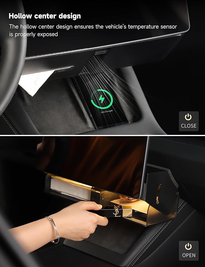TPARTS Hidden Magnetic Under Screen Storage Box for Tesla Model 3 Highland 2024+/Model Y Juniper 2025+, Console Organizer Dashboard Tissue Holder with Warm White Light (Standard/Premium/Performance)