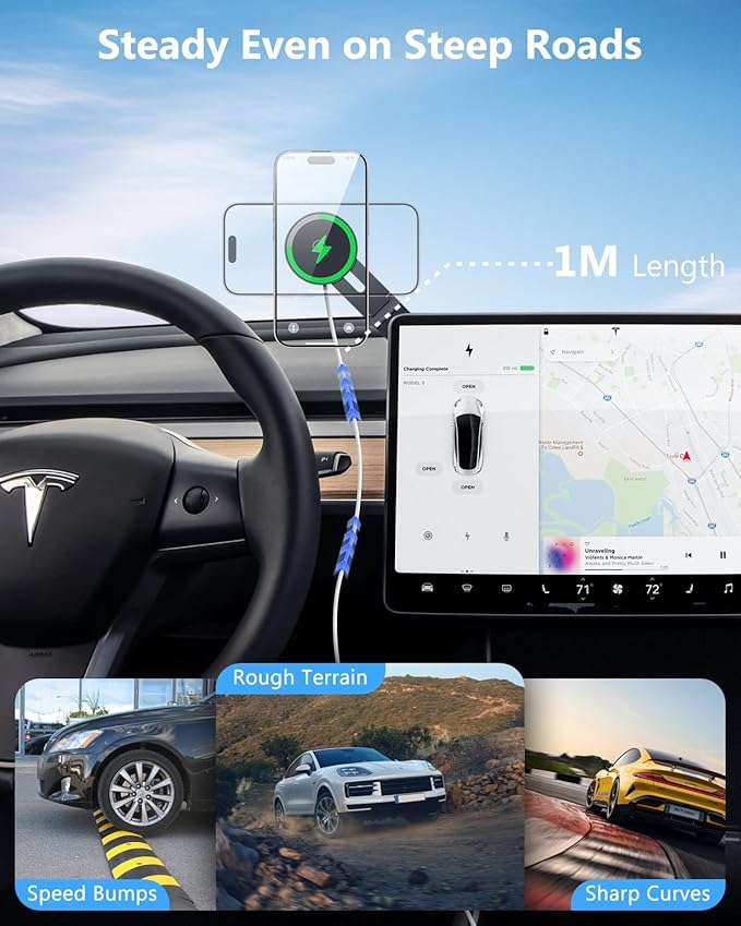Tesla Phone Mount Charger: 15W Wireless Car Phone Holder for Tesla Model 3/Y Accessories 【 Strongest N52 Magnet + 360° Adjustable + Foldable Design】 Car Mount for Magsafe iPhone & Android