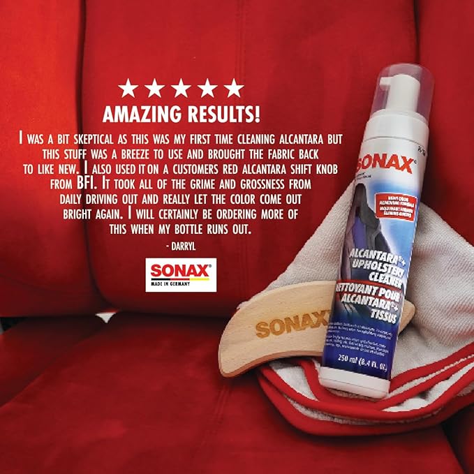 SONAX Upholstery and Alcantara Cleaner (206141), Foaming Alcantara (Synthetic Suede) Cleaning, Dirt and Grime Build-Up Cleaner for Upholstery and Alcantara, 8.45oz, 250 ml