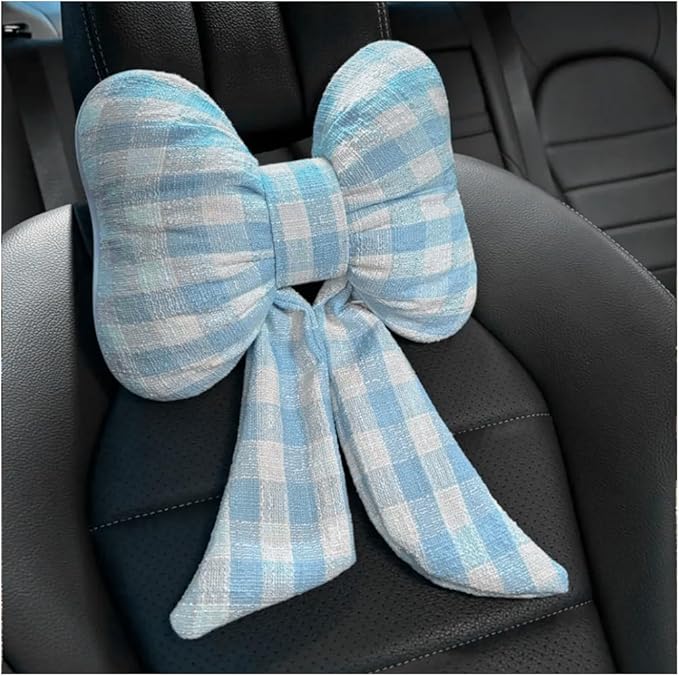 Bow Car Headrest Pillow, Breathable Memory Foam Vehicle Neck Pillow with Adjustable Strap, Ergonomic Auto Neck Support Cushion for Pain Pressure Relief, Universal for Most Cars (Blue/Grid)