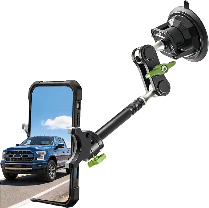 Heavy Duty Truck Phone Mount, Aluminum 360° Rotating Anti-shake Suction Cup Phone Mount, 14.5" Long Arm Metal Windshield Phone Holder for Car Truck Semi, Fits Thick Cases F-150 Silverado RAM Kenworth