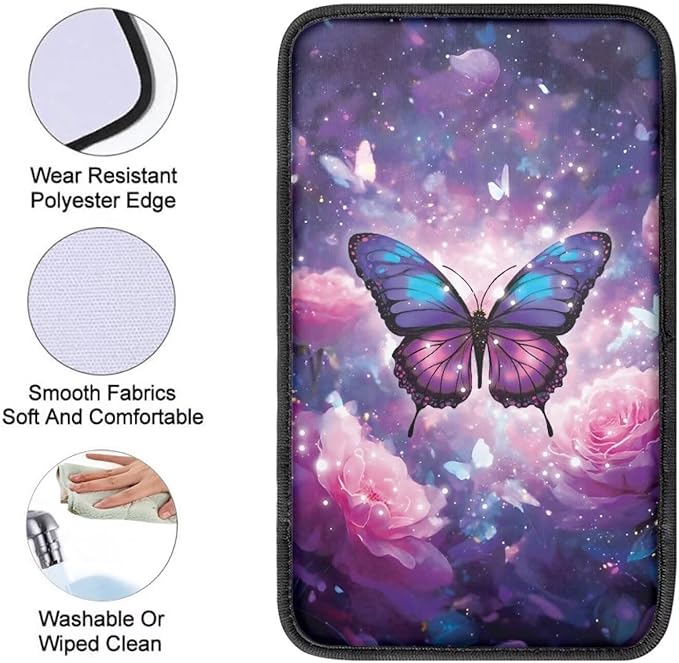 Suobstales Galaxy Butterfly Rose Flower Print Car Armrest Pad Soft Center Console Arm Rest Protector Cover Universal Car Interior Accessories Decoration