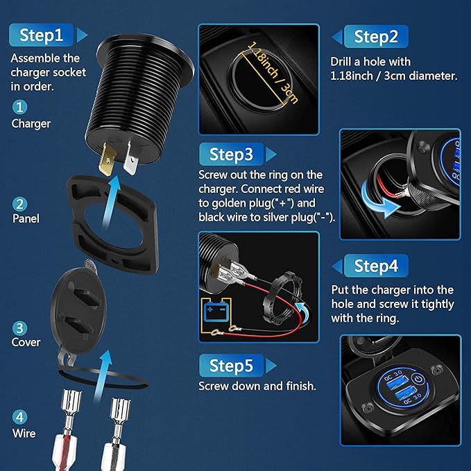 [2 Pack] 12V/24V USB Outlet with Three Extra Panels, Quick Charge 3.0 Dual USB Power Outlet with Touch Switch, Waterproof 12V/24V Fast Charge USB Charger Socket DIY Kit for Car Boat Marine, etc