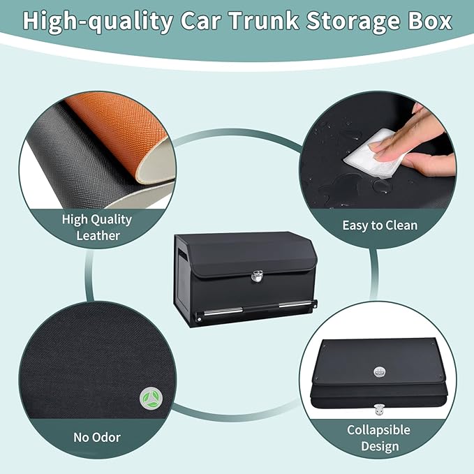XCF Car Trunk Organizer, Leather Trunk Organizer for SUV with Lid and Sturdy Handle Car Storage Organizer (Black, 20.47 x 11.42 x 12.2in)
