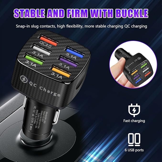 Augeny Car Charger Adapter, 6 USB Multi Port Fast Charger, Include QC 3.0 and 5 Other Ports, Auto Quick Charging Adapter for Most Cell Phones, Interior Car Accessories for SUV Truck (Black)