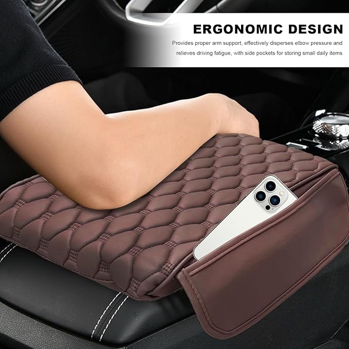 Car Armrest Cushion, Memory Foam Auto Arm Rest Box Protector with 2 Storage Bags, Waterproof Leather Center Console Cover Universal for Most Vehicles, Car Accessories (Coffee)