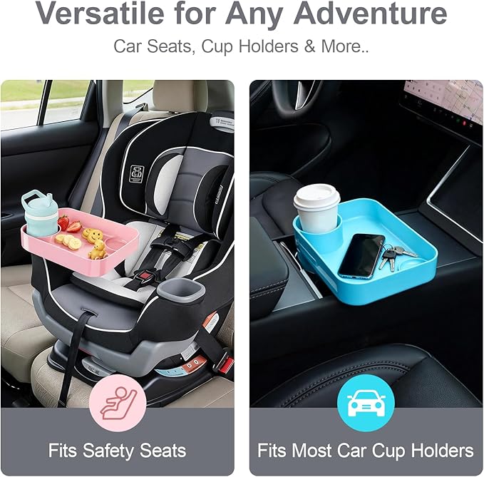 [Pink+Sky Blue] Car Seat Snack Tray for Toddlers - 3 Inch Cup Holder Fits Most Sippy Cups & Straw Bottles with Dip Well, Mess-Free Square Kids Travel Tray Road Trip Essentials, Pink & Sky Blue