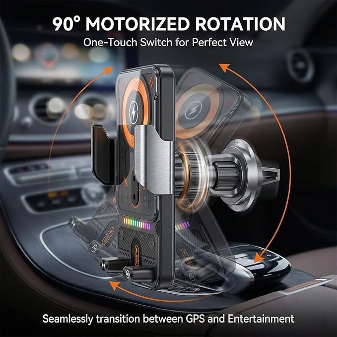 Motorized 90-Degree Rotating Wireless Car Charger Mount with Auto Clamping, 15W Fast Wireless Charging Air Vent Phone Holder for Most Smartphones (Gray)