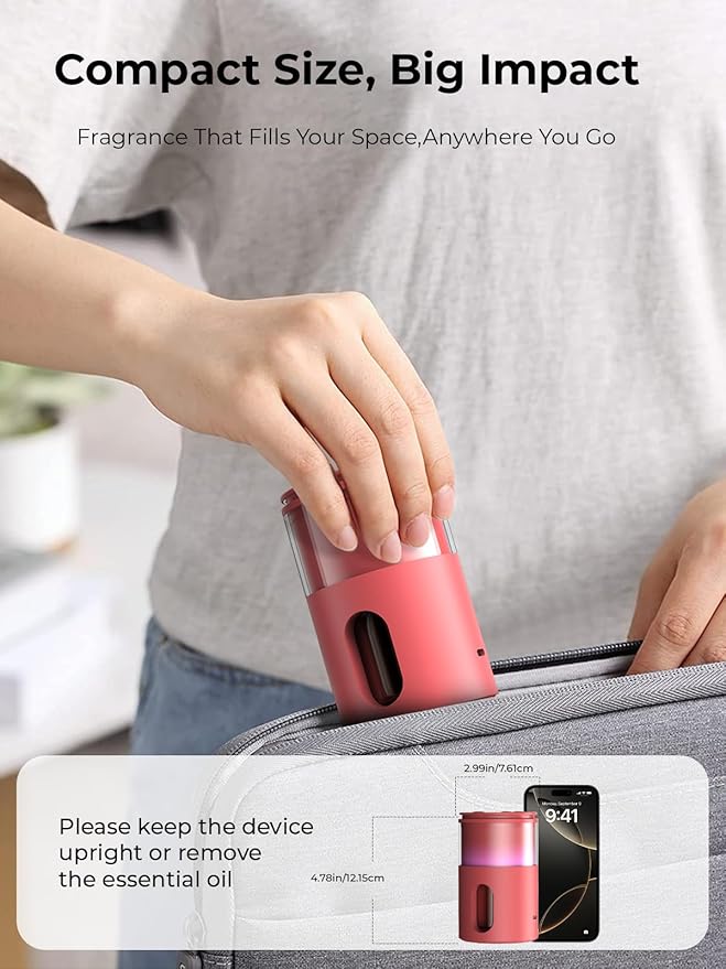 Waterless Essential Oil Diffuser: 9 Colors LED Scent Diffuser for Home&Car&Office - Portable Diffuser with 48H Battery, 4 Timers & 3 Mist Levels, Bright Red