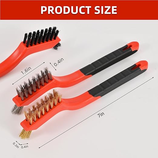 3pcs Wire Brushes for Cleaning Rust, Upgrade Wire Brush Set - Brass/Stainless Steel/Nylon Bristles, Small Metal Wire Brush with Curved Handle Grip, Wire Brushes for Paint and Stain, 7 Inches (3pcs)