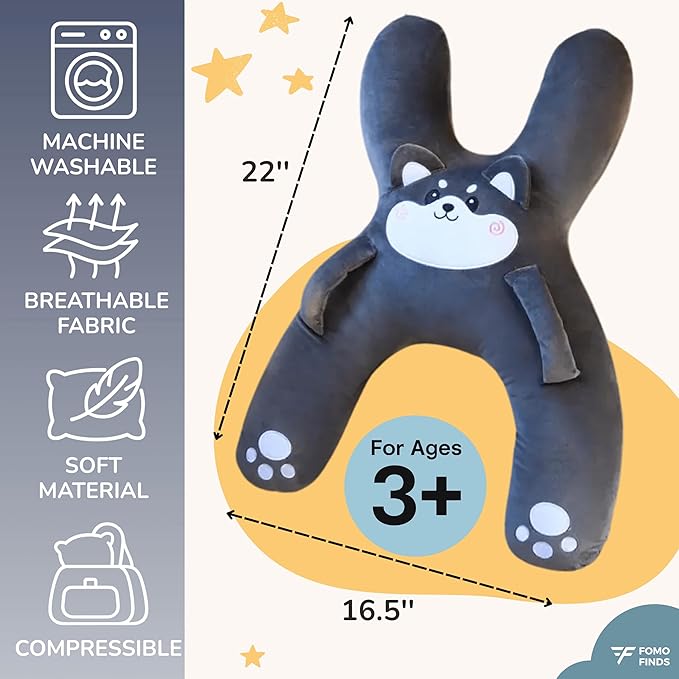 Kids Car Sleeping Pillow - X-Shaped Plush Animal for Neck & Back Support - Hands & Seat Belt Slot - Machine Washable & Compressible - Perfect for Car, Plane, Train, Boat & More - Grey