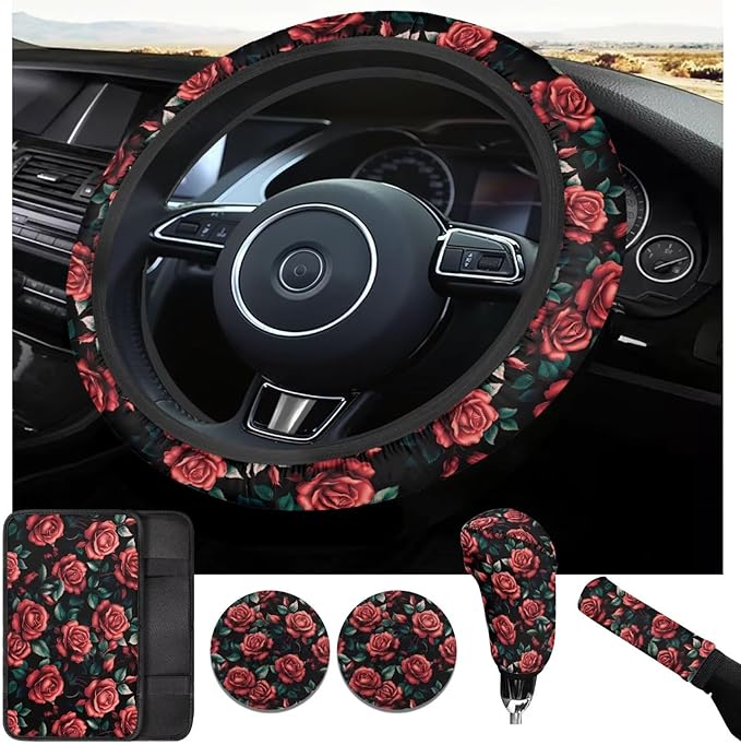 Rose Flower Print Car Steering Wheel Cover for Women 6pcs Car Interior Decor Set Handbrake Cover Cup Coaster Universal Fit Auto,Suvs,Truck