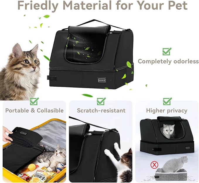 PETSFIT Portable Travel Cat Litter Box – Collapsible, 2-Layer Leak-Proof Washable Liner with Sturdy Support Frame, for Hotel/Car/Camping, Cat Travel Essentials for Kitty/Medium Cats Solid Black