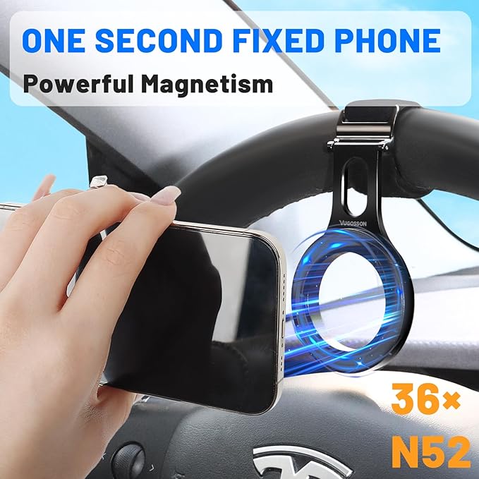 Magnetic Phone Holder for Car, Steering Wheel Phone Holder [Strong Magnet], for MagSafe, Adjustable Strap Compatible with Gym Equipment, Stroller, Shopping Cart, All Phone(Magnetic Ring Included)