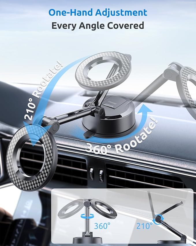 Vacuum Magnetic Car Phone Holder, 360°Adjustable, Compatible with iPhone 12-17 Series & Dashboard Mount & Tesla, 80+LBS Strong Suction Cup Phone Holders for Your Car, MagSafe-Compatible (Carbon Fiber)