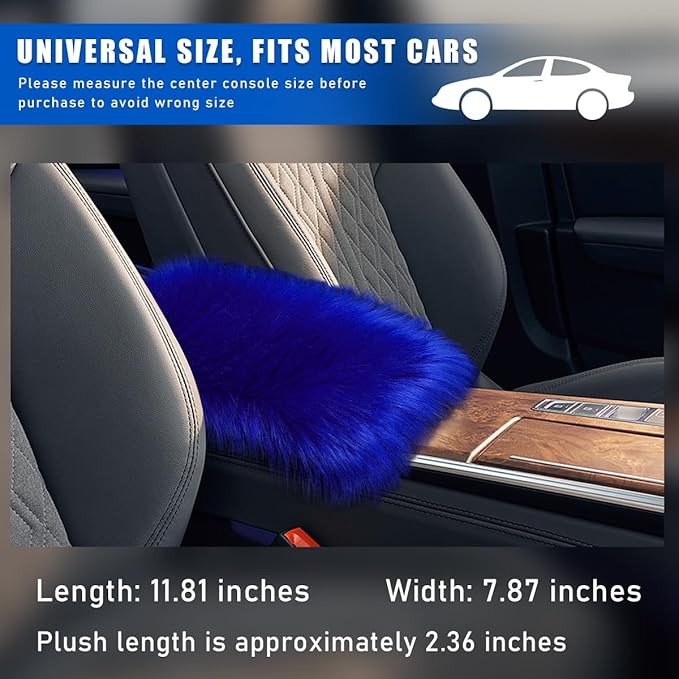 Furry Car Center Console Cover, 11.8"×7.9" Sheepskin Wool Armrest Box Cushion Pad, Comfort Soft Auto Center Console Protector, Interior Decor Accessories for Most Vehicles (Royal Blue)