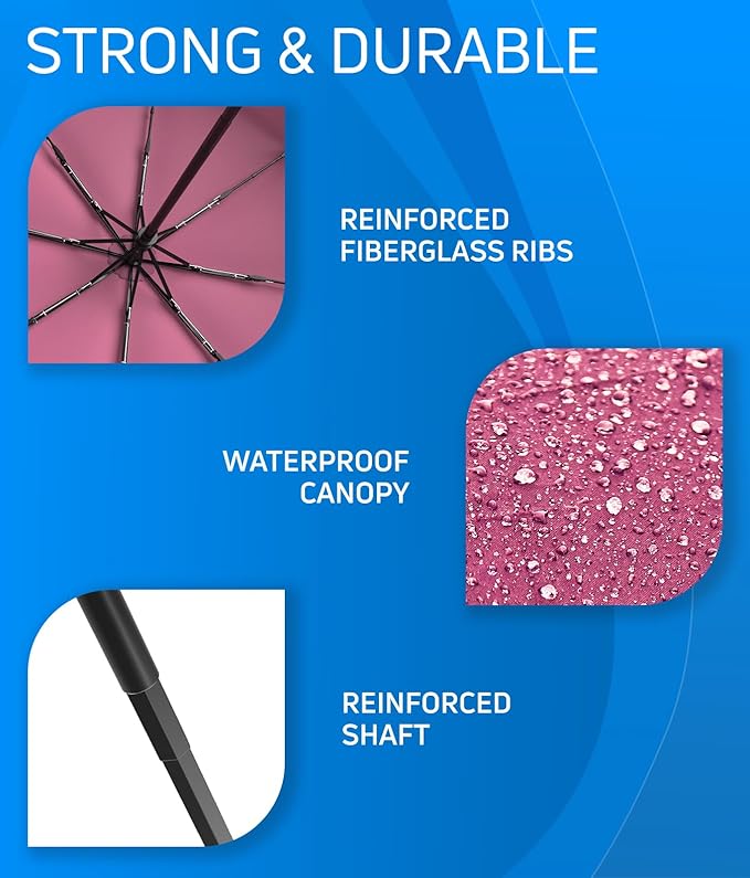 Rain-Mate Windproof Compact Umbrellas for Rain - Strong Reinforced Fiberglass Rib Design & Auto Open & Close - Portable Folding Travel Umbrella - Lightweight & Packable for Women & Men, Easy Collapse