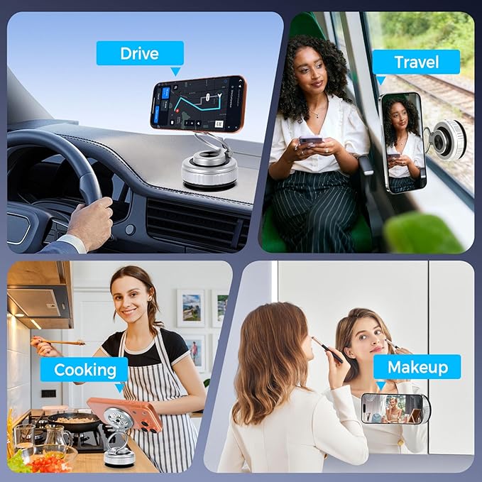 2026 Upgraded 360° Nano Gel Vacuum Magnetic Car Phone Holder,Reinforced Ultra Suction Cup Pocket Size Foldable Phone Mount for Dashboard/Gym/Mirror MagSafe iPhone Air 17 16 15 14 13 12 Pro Max(Silver)