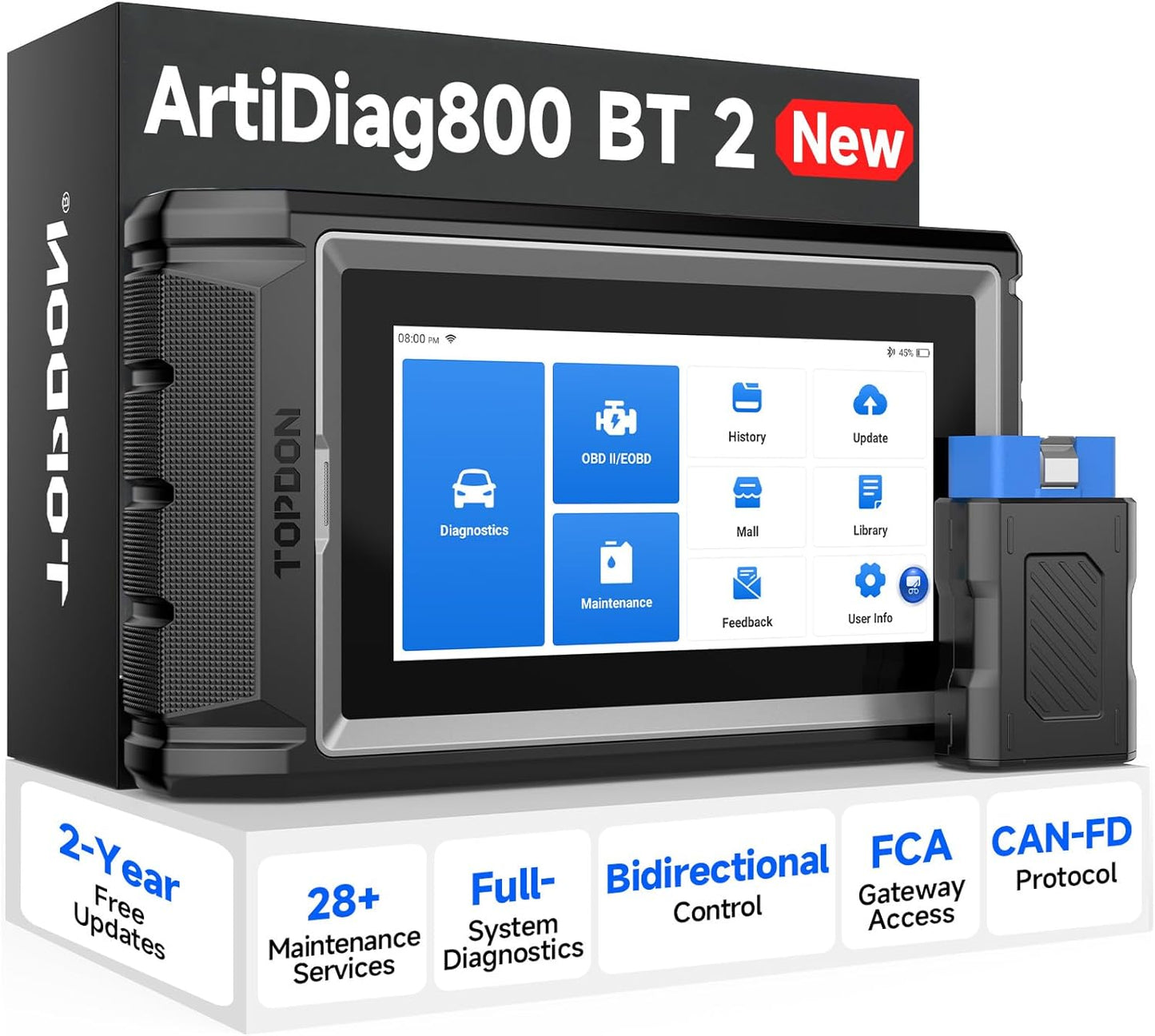 TOPDON Scanner AD800BT V2.0, Bidirectional Scan Tool, Full Systems Diagnostic Tool for All Vehicles, Automotive Diagnostic Scanner for Car, 28+ Services, FCA AutoAuth, CANFD, 2 Years Free Update