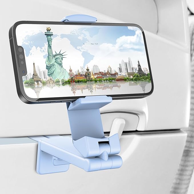 Perilogics Airplane Phone Holder Mount Universal in Flight Hands Free Viewing with Multi-Directional Dual 360 Degree Rotation (Blue)