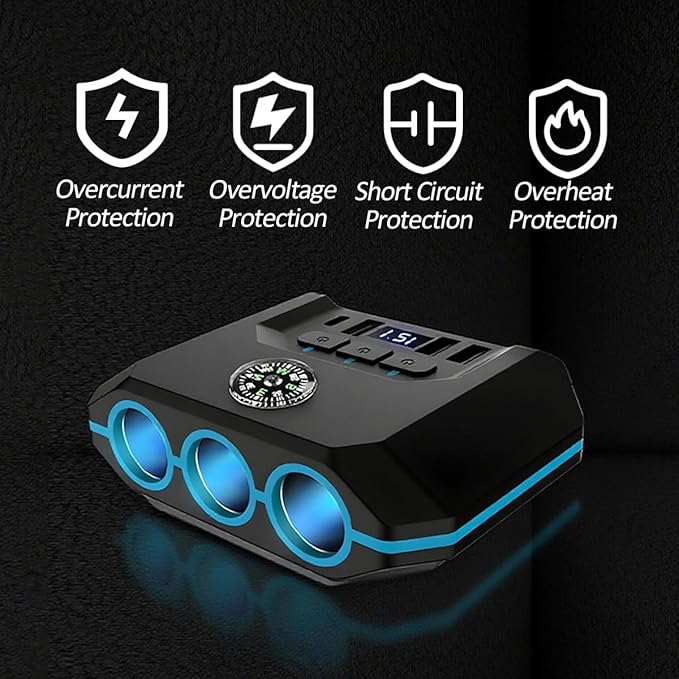Cigarette Lighter Splitter, 7 in 1 120W USB PD Vehicle Charger Adapter with LED Voltage Display & Independent Switches, 12/24V Multi Port Charge Power Plug, Universal for Vehicles