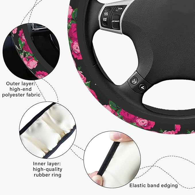 Red Rose Steering Wheel Cover, Cute Print Steering Wheel Cover Protector, Ultra-Thin with Personalized Pattern Design, Car Accessories for Women, for Steering Wheel with a Diameter of 14.5"-15"