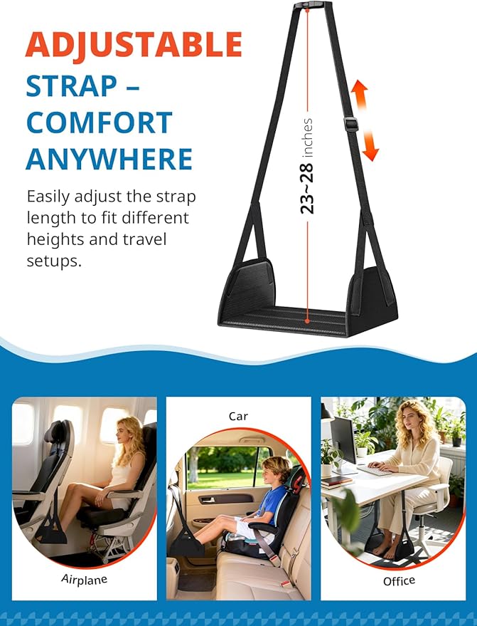 2-Pack Airplane Foot Hammock for Travel, No Collapse Plane Foot Hammock with Wide Hardboard Support, Portable Foot Sling for Under Desk with Adjustable Strap, Carry Bags for Women & Men