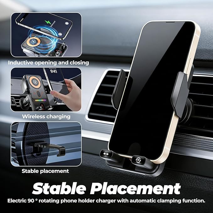 2026 New Cool Car Wireless Fast Charging Holder, Motorized 90° Rotating Phone Mount Charger with Auto-Clamping, 15W Wireless Car Charger for Smartphones, Smart Sensor Air Vent Accessories