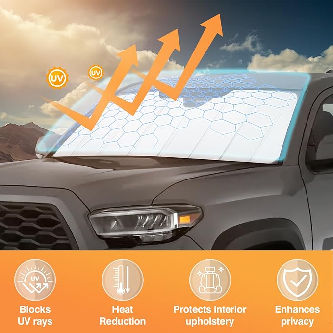 KUST Windshield Sun Shade for Toyota Tacoma 2016-2022 2023 Foldable Thicken Window Sunshade UV Protection Keep Cool Sunshield Easy Install Sun Visor Accessories Aluminum Film