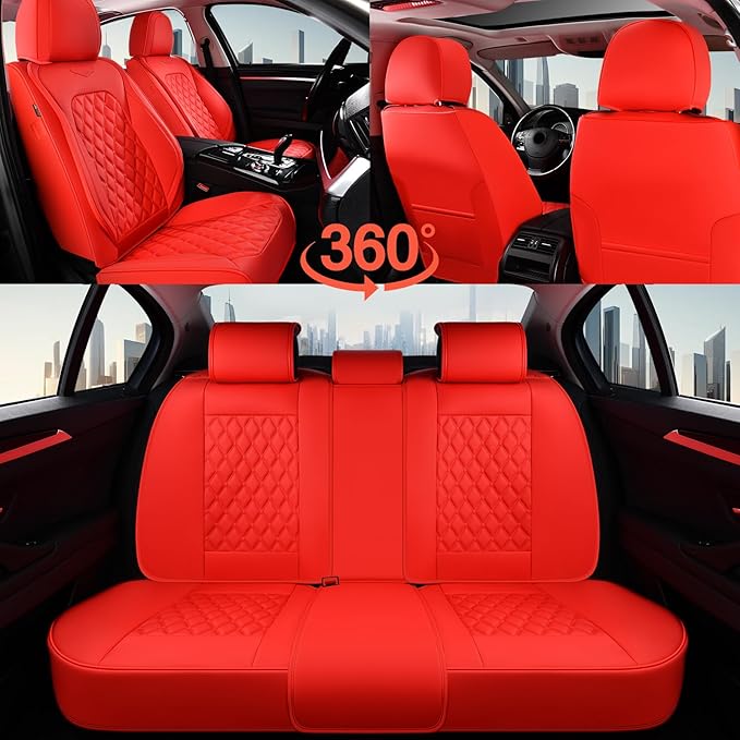 Coverado Full Set Car Seat Covers, 5-Seat Universal Faux Leather Waterproof Seat Covers, Front & Back Car Seat Protectors, Red Leather Seat Covers Fit for Most Vehicles-Red