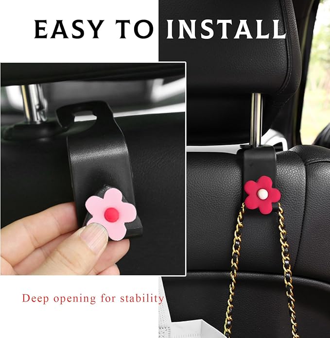 4 PCS Car Seat Headrest Hook, Plastic Headrest Hooks with Adhesive Flower, Auto Back Seat Hanger Storage Hook for Grocery Bag Purse Handbag Umbrella, Car Accessories (Pink+Red)