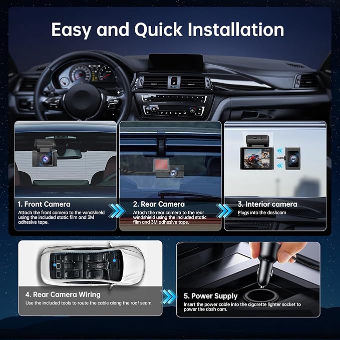 3 Channel Dash Cam: 4K+1080P+1080P-Dash Cam Front and Rear Inside with Free 64GB Card & 5GHz WiFi - Dash Camera for Cars with IR Night Vision APP Control Parking Mode G-Sensor Loop Recording(X7)