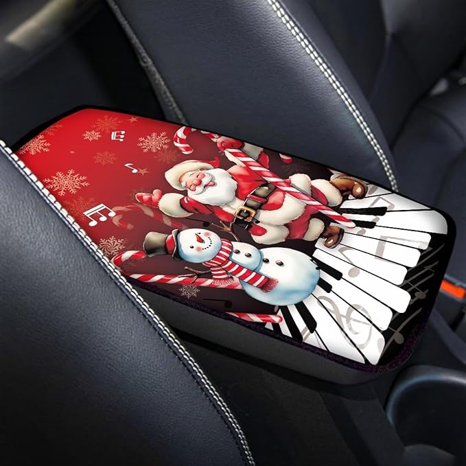 Santa Claus Snowman Xmas Universal Center Console Armrest Soft Pad Protector Cover Non Slip Fits for Most Vehicle,SUV,Truck Car Decoration