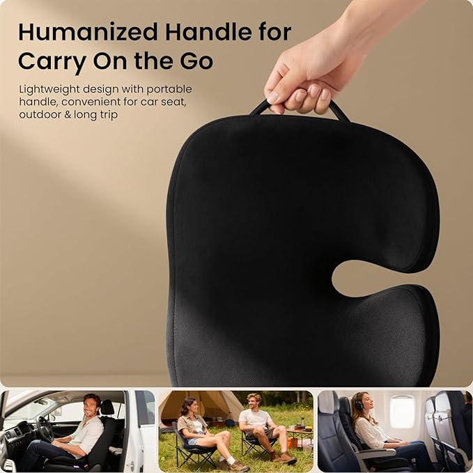 Seat Cushions for Office Chairs, Car Seat - Patented Coccyx Cushion for Tailbone Pain - Memory Foam Butt Cushion for Pressure Relief - Carry Handle & Non Slip Bottom (Black)