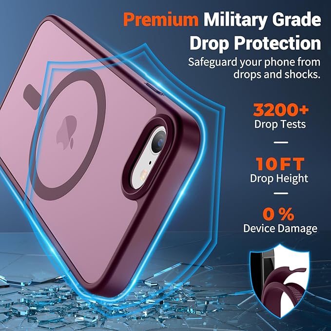 SUPFINE Magnetic for iPhone SE Case 2022 (3rd)/2020 (2nd), iPhone 8 Case with Screen Protector (Compatible with MagSafe) (Military Grade Drop Protection) Translucent Matte Phone Case, Wine Red