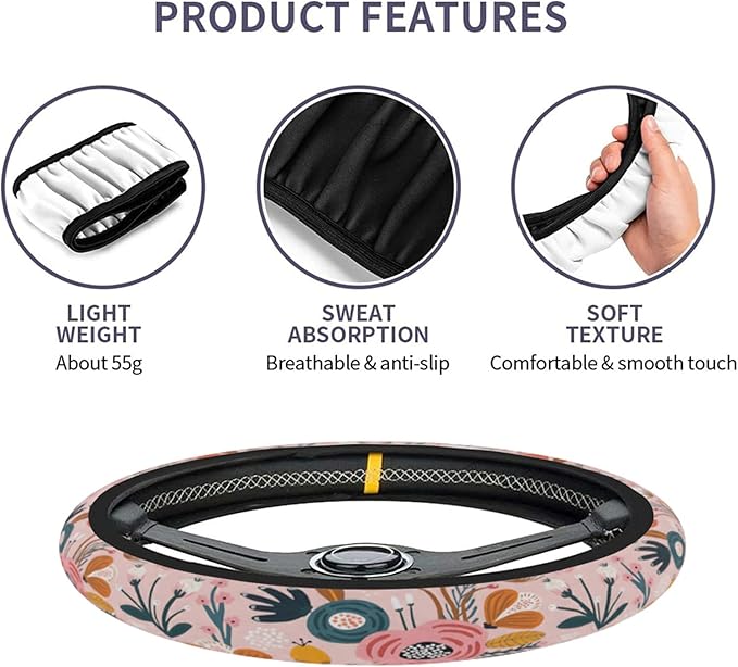 Car Steering Wheel Cover for Women Men, Non-Slip Pink Floral Steering Wheel Protector, Universal 14"-15" Fit for Cars, SUVs, Trucks (Pink Floral)