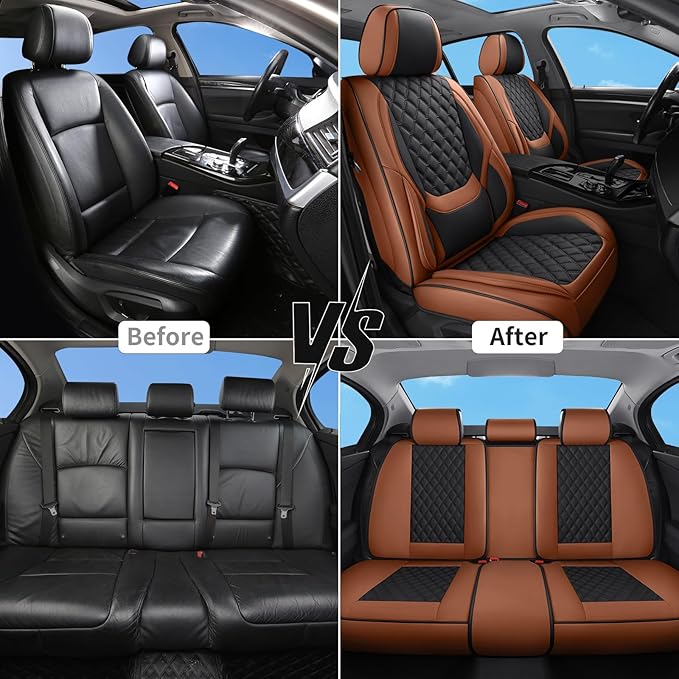 Car Seat Covers Full Set Brown, Luxury Faux Leather Waterproof Non-Slip Women Seat Protector Universal Fit for Most Cars SUVs Trucks Pick-ups,Car Interior Accessories (Brown Black-Full Set)