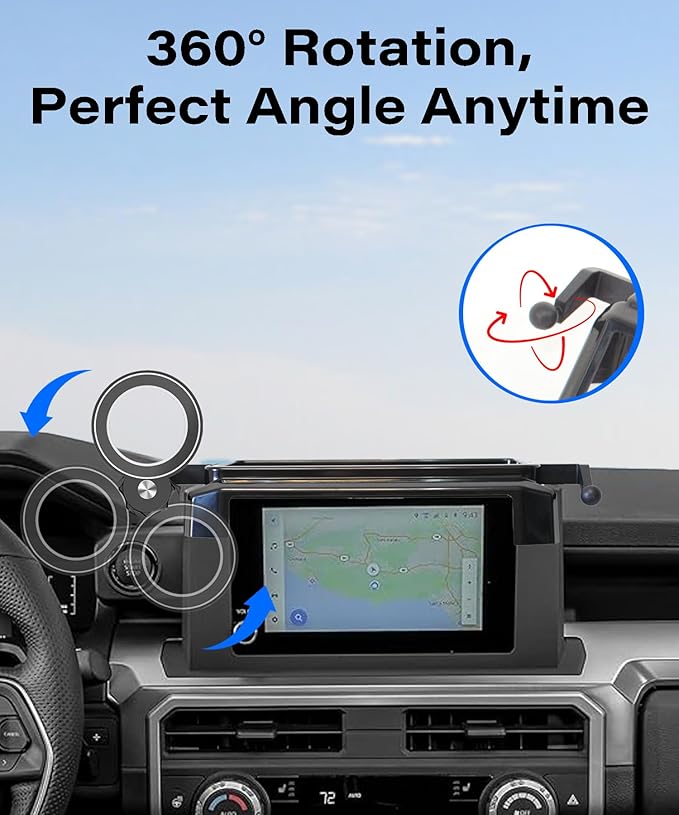 Car Phone Holder for Toyota Tacoma 2024 2025 2026 Accessories Magnetic Cell Phone Mount Apply to 8 Inch Screen Fixed Clip Hands-Free 360 Degree Rotation with Dashboard Storage Tray