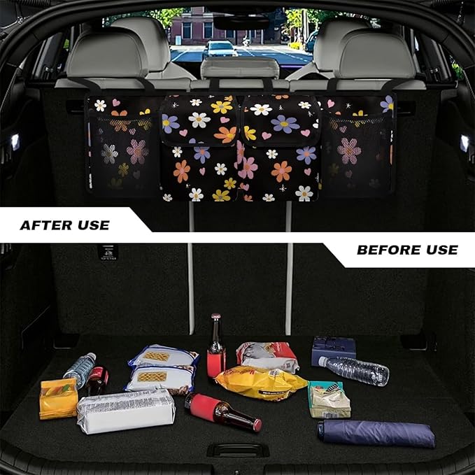 Floral Flowers Backseat Trunk Organizer for Car Heart Back Seat Car Organizer with Extra Storage Space for SUVs,Trucks,Vans Hanging Trunk Storage Bag