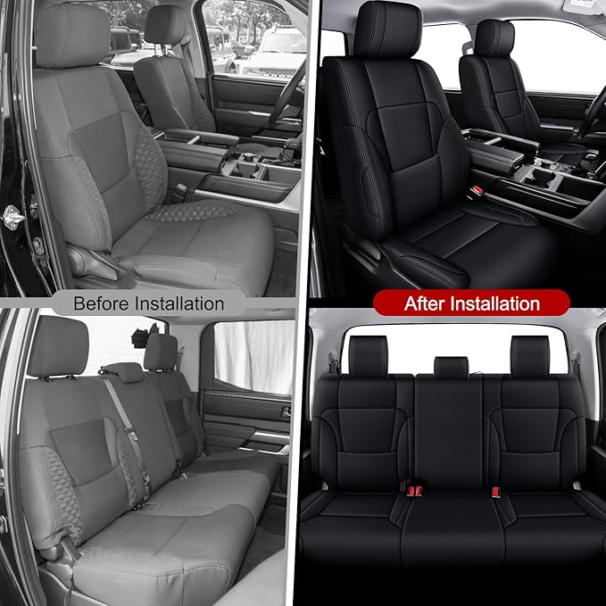 AOMSAZTO Custom Seat Covers for Toyota Tundra 2022 2023 2024 2025 CrewMax SR SR5 Limited Platinum FFV TRD Pro Leather Car Seat Covers Full Set Black, Custom Fit Full Set Faux Leather Black