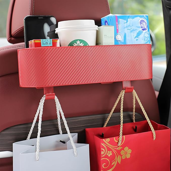 BELOMI 2PCS Car Headrest Backseat Organizer with Cup Holder, Seat Back Hanging Storage Box with Hooks, Multi-Functional Drink Pocket Food Snack Phone Tray for Kids, Car Travel Accessories（Red/2PCS）