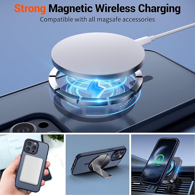 SUPFINE Magnetic for iPhone 15 Pro Max Case with Screen Protector (Compatible with MagSafe) (Military Grade Drop Protection) Translucent Matte Shockproof Phone Cover,Dark Blue