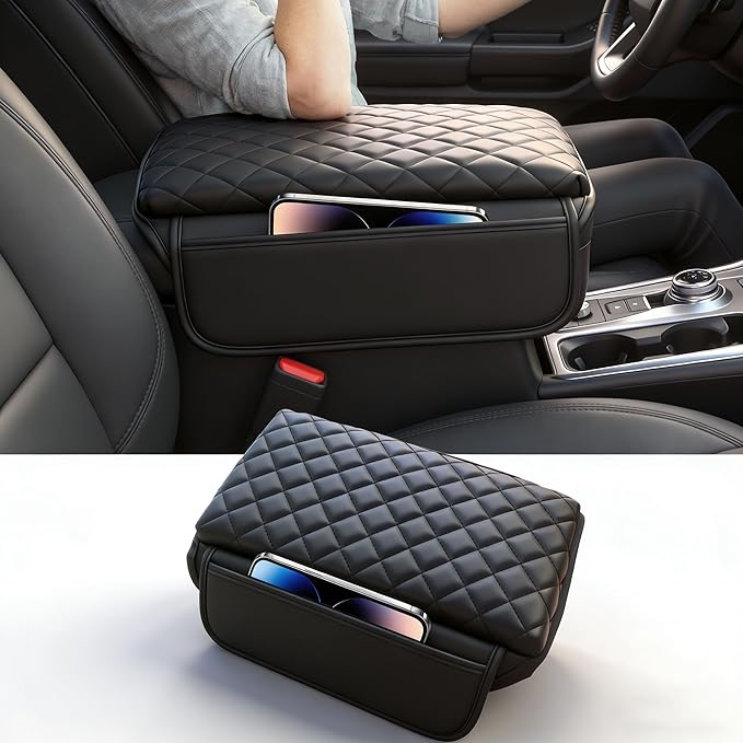 Console Cover for Ford Explorer 2020-2025 Armrest Cover Leather Arm Rest Pad Black Middle Console Cover with Pockets for Explorer Accessories