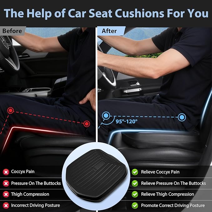 CAR PASS Leather Car Seat Cushion, Comfortable Memory Foam Seat Cushions for Driving Waterproof Adult Booster Seat Cushion for Cars, Truck Driver Automotive SUV Office Chair, Hand-held, 3 Inches Black