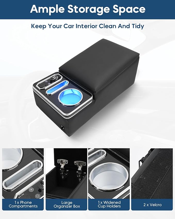 Center Console Organizer for Small SUV, Sedan, Truck, Rear Bench Seat Armrest Organizer with 7-Color Adjustable LED Lighting, Upgraded Automotive Center Storage Box with Fast Phone Charging