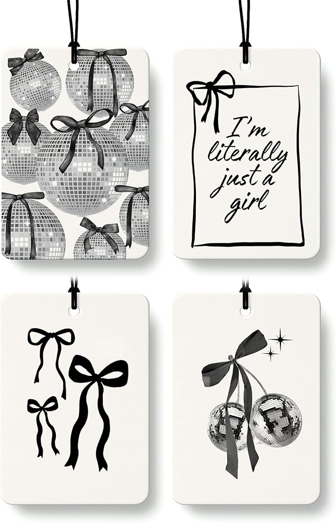 Retro Coquette Black Bow Cologne Car Air Freshener 4 Pcs, Preppy Girly Bow Disco Ball Hanging Air Freshener for Cars Bathroom Dorm Books Decor, Vintage Cute Accessories Gifts for Women Girls