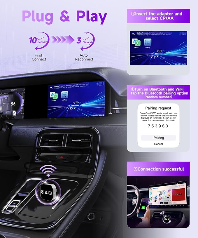 3-in-1 Mini Wireless CarPlay Adapter (2025 Upgraded)-Built-in Wired Carplay/Android Auto for Airplay,Plug&Play,Fast Auto-Reconnect,Bluetooth 5.0,USB/Type-C,iOS10+&Android 11+(Silver)