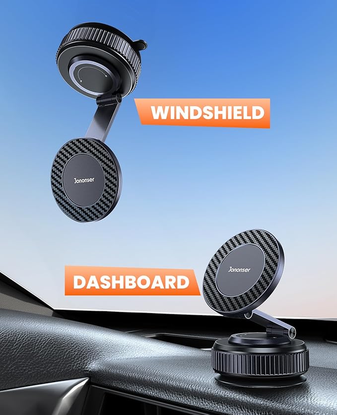 Jononser Suction Phone Mount for Car Dashboard/Windshield - 360°Adjustable Magnetic Phone Holder for Car, Foldable Car Phone Holder for iPhone 17/16/15/14/13/12 Series (Carbon Fiber & Aluminum Alloy)