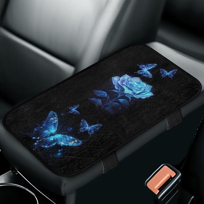 Butterfly Rose Armrest Cover Car Soft Comfortable Auto Center Console Pad Flannel Anti-Slip Armrest Cover Center Console Cushion for Most Vehicle, SUV,Truck,Car