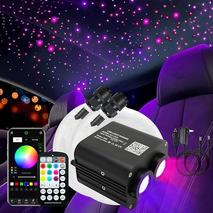 AKEPO 20W Twinkle Dual-Head Dual Color Fiber Optic Lights, Fiber Optic Star Ceiling Light Kit Sound Activated APP Remote Control for Car Starlights Headliner/Home 1100pcs 13.1ft/4m Fiber Strands
